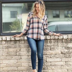 Knit Plaid Button Up Top